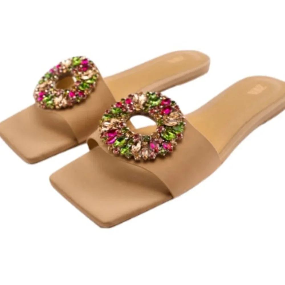 Beige Jewel-Embellished Slide Sandals - Picture 1 of 6